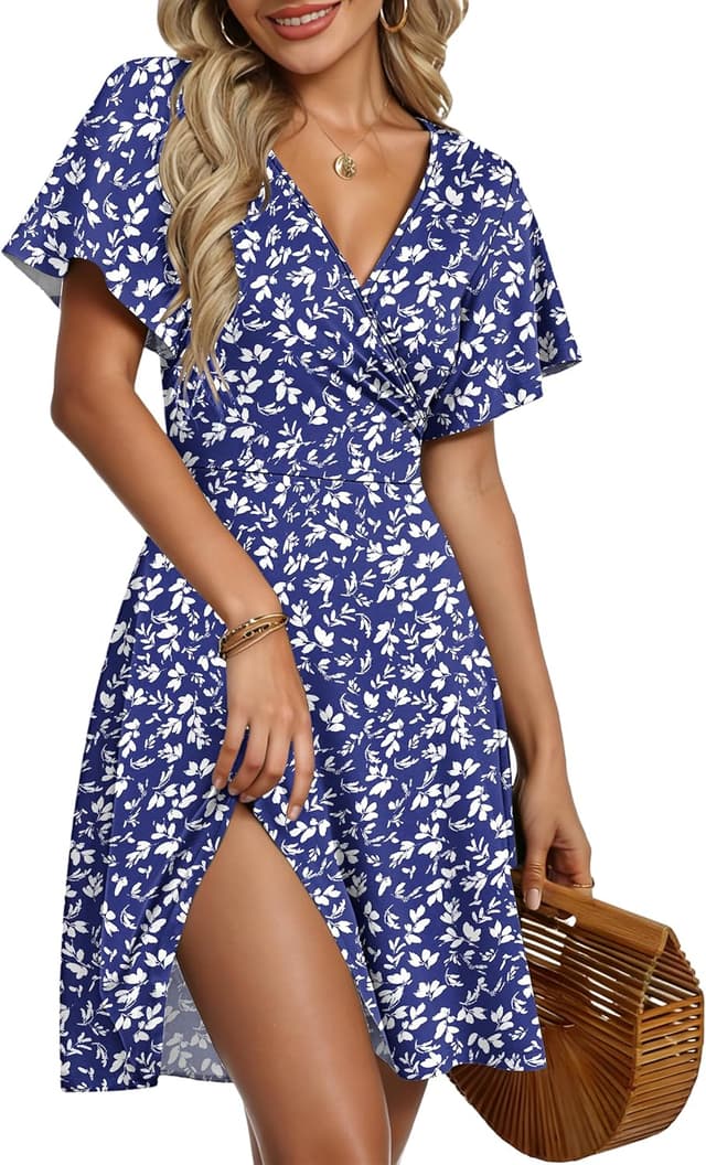Thumbnail 6 de AUSELILY Summer Wrap Dress for Women with Ruffle Short Sleeves, V Neck & Floral Cross-Front