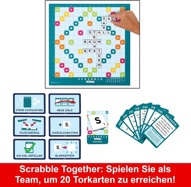 Detalle de Scrabble Zwei in Eins (doppelseitiges Brettspiel) von Mattel Games – inkl. 50 Zielkarten für Scrabble Team
