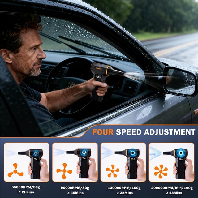 Detalle de Soffiatore elettrico WHZOHCAR a aria compressa senza fili con LED e display LCD, 4 velocità fino a 20000RPM