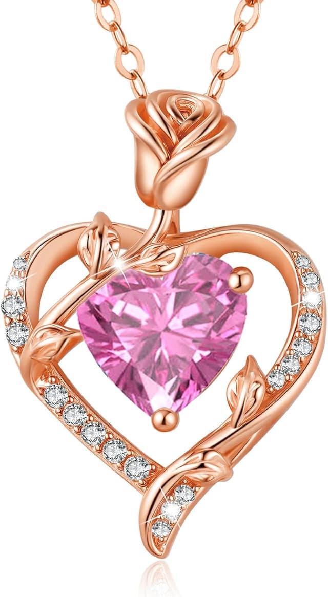Detalle de Collier femme MISUMOR en argent 925, rose et cœur serti de zirconite (pierre de naissance)
