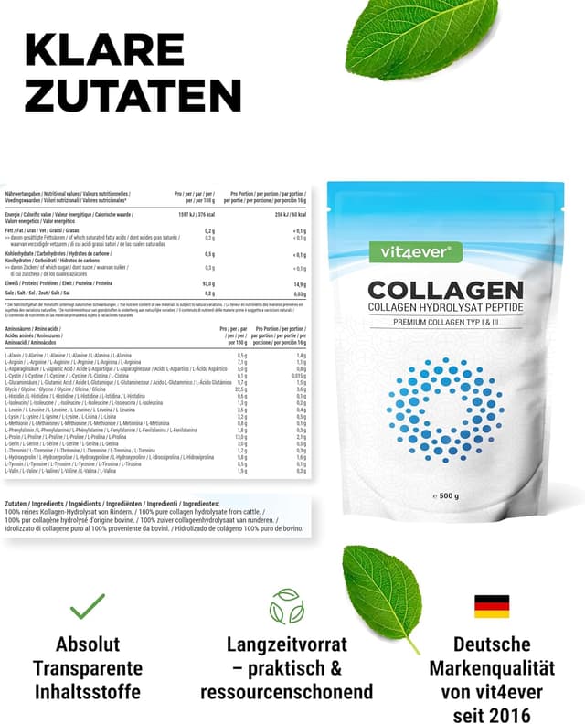 Thumbnail 6 de Vit4ever Collagen Pulver 500 g (Kollagen Hydrolysat Typ 1 & 3) – geschmacksneutral, ohne Zusatzstoffe