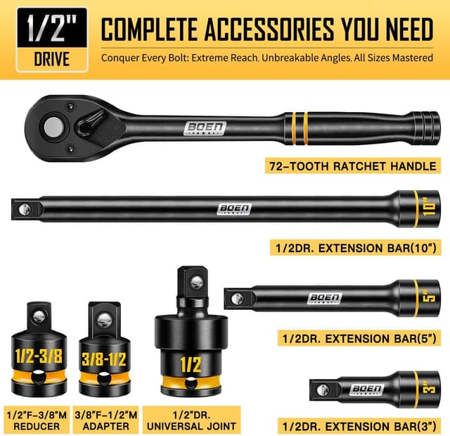 Detalle 2 de BOEN 1/2-Inch Drive Impact Socket Set (65-Piece) — SAE & Metric Deep/Shallow Cr-V