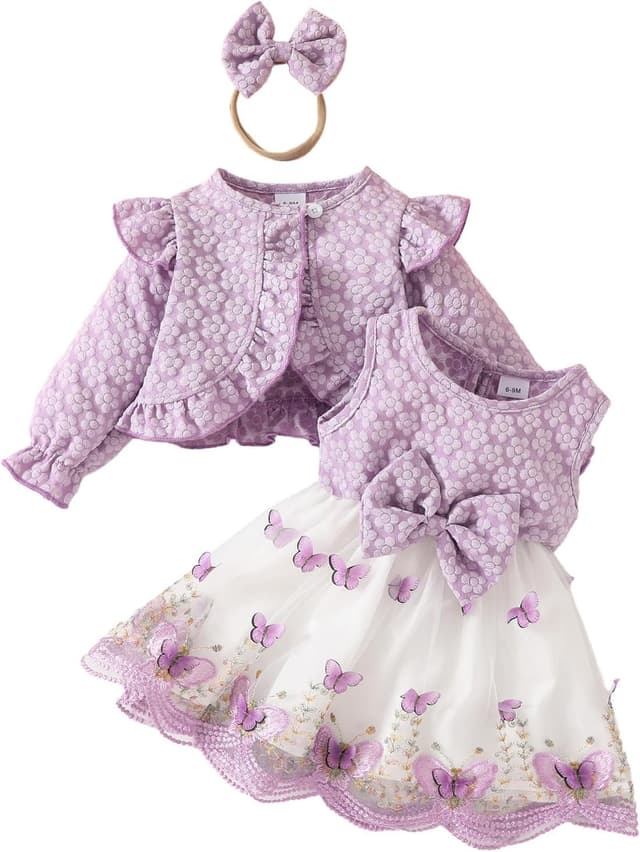 Thumbnail 6 de OMEWEE 3-piece girls fall outfit set – floral cardigan dress with butterfly print and headband