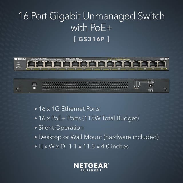 Detalle 2 de NETGEAR 16 Port PoE Switch GS316P — 16-port desktop or wall-mount PoE Ethernet switch (plug-and-play)