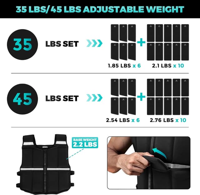 Detalle de ONETWOFIT Adjustable Weighted Vest (45lb/35lb/19lb) for Rucking & Strength Training
