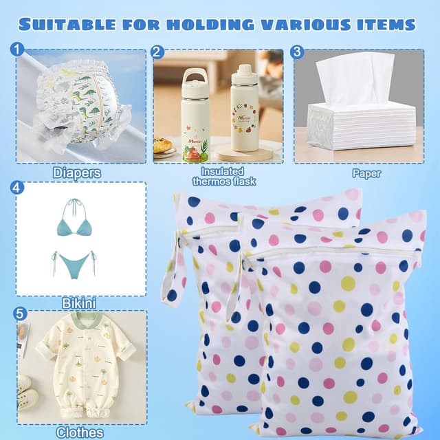 Detalle 2 de Culinavog 2-piece waterproof wet bag (30 x 40 cm) with handle and zip for nappy storage, travel & gym – Pink and Blue