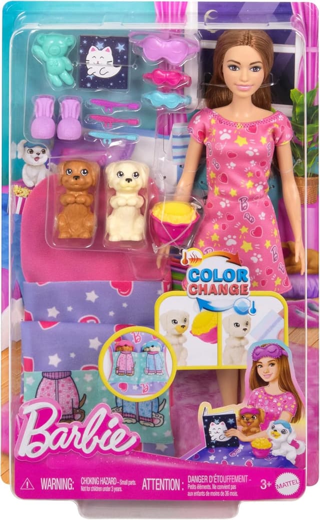 Detalle 2 de Barbie Spielset „Welpen-Pyjama-Party“ (HXN01) mit Puppe, 2 Spielzeughunden und über 10 Zubehörteilen