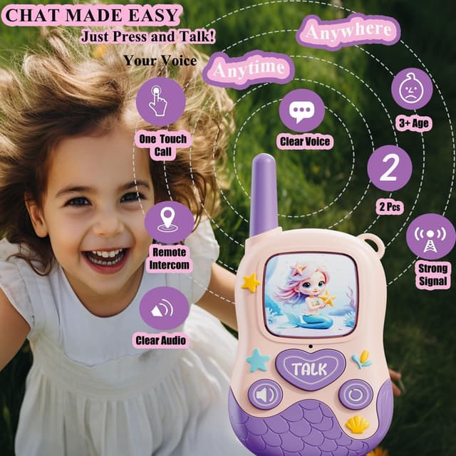 Detalle de Kids Mermaid Walkie Talkies Toy Set (2 Pack) for Ages 3–8 – Outdoor Camping & Garden Play