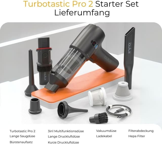 Detalle de lautux Turbotastic Pro 2 Handstaubsauger (120 W, 18.000 Pa, HEPA-Filter) – Starter Set im Nachtschwarz
