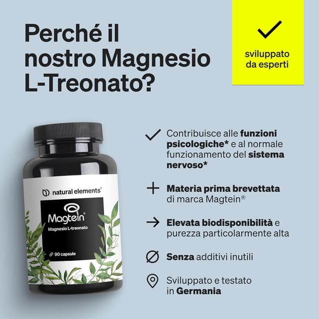 Detalle de natural elements Magnesio L-Treonato (Magtein) 150 mg per dose giornaliera – 90 capsule vegane