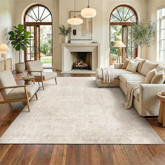 Detalle de Homemate Washable Rug 8x10 Area Rugs (Vintage Faux Wool Look) — Beige, Non-Slip Foldable Carpet