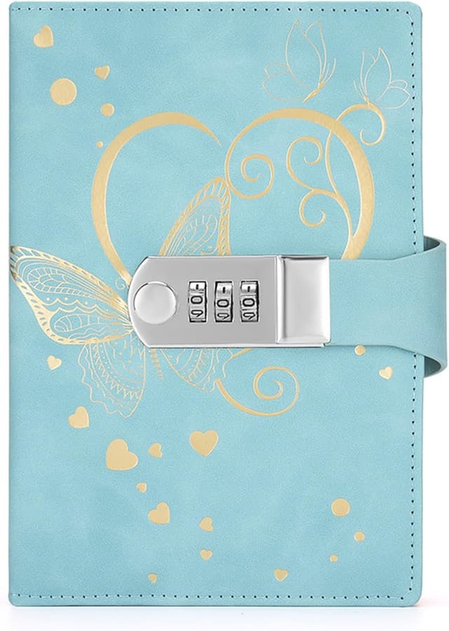 Detalle de Jalach B6 Tagebuch mit Schloss und Zahlenschloss (PU Leder, nachfüllbar) – hellblau mit Schmetterlingen