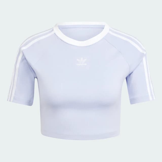 Detalle de Camiseta Baby 3 bandas Adidas en color violeta