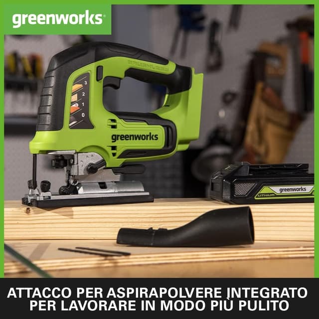 Detalle de Greenworks GD24JSK2 Seghetto alternativo a batteria 24V con 2 lame, base regolabile fino a 45°