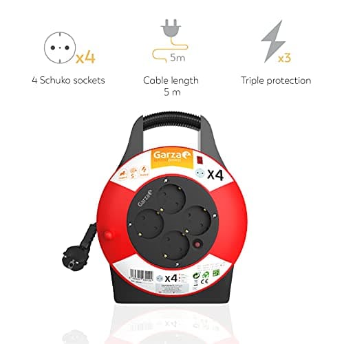 Detalle 2 de Garza Power enrollacables doméstico de 5 metros con asa y 4 tomas Schuko (negro y rojo)