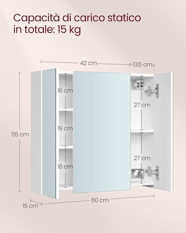 Detalle de VASAGLE KAILYN BBK22WT Armadietto a specchio da parete per bagno bianco 15 x 60 x 55 cm