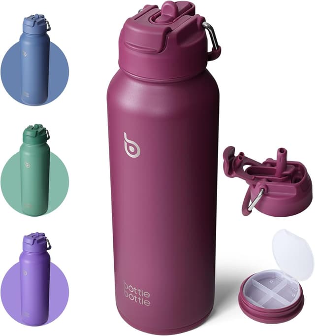 Thumbnail 6 de BOTTLE BOTTLE Isolierte Wasserflasche mit Strohhalm und Pillendosierung – Outdoor-Sportflasche 1 l (weiß)