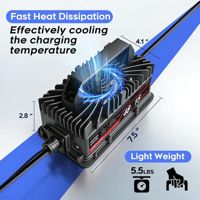 Detalle de EPOWREY 48 Volt Onboard 15 AMP Golf Cart Battery Charger (IP67, Ring Terminals)