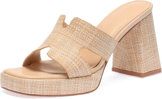 Detalle de Monrovia Raffia Heeled Sandals for Women with Platform Wedge Slip-On Block Heel