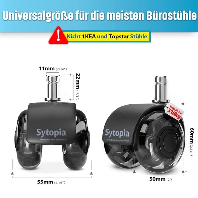 Detalle 2 de Sytopia Bürostuhl Rollen 5er-Set (11×22 mm) – 50 mm Hartbodenrollen, leise Gummilauffläche, schwarz