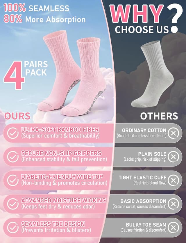 Detalle 2 de Frelimiu Diabetic Socks with Grippers for Women (Non-Slip Bamboo Viscose), 4 Pairs, Size 8–11