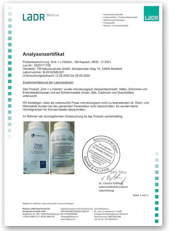 Detalle de FürstenMED® 180 Zink Kapseln hochdosiert (25 mg) aus Zinkbisglycinat mit L-Histidin und Kupfer