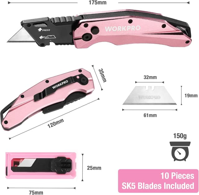 Detalle de WORKPRO Cutter Professionnel Pliant rose avec mécanisme de changement rapide et 10 lames SK5