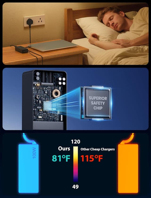 Detalle de Universal 100W USB-C laptop charger (UK plug) with USB-C PD 3.0 for MacBook, ThinkPad, Dell, HP and more