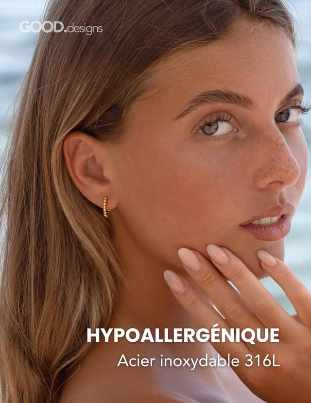 Detalle de GD GOOD.designs – Créoles en acier inoxydable pour femmes avec boules (15 mm), hypoallergéniques