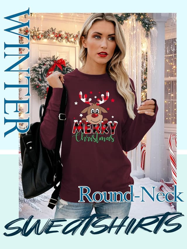 Detalle de Yihelian Damen-Sweatshirt mit Rentier-Elch-Motiv aus Baumwolle – weiches Rundhals-Shirt für Winter & Weihnachten