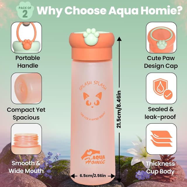 Detalle 2 de AQUA HOMIE 2-pack 530ml motivational water bottles with paw lid (leakproof, BPA-free) – Green & Orange