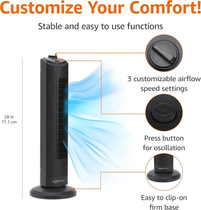 Detalle 2 de Amazon Basics 28-inch 60° Oscillating Tower Fan (71 cm) in Matte Black