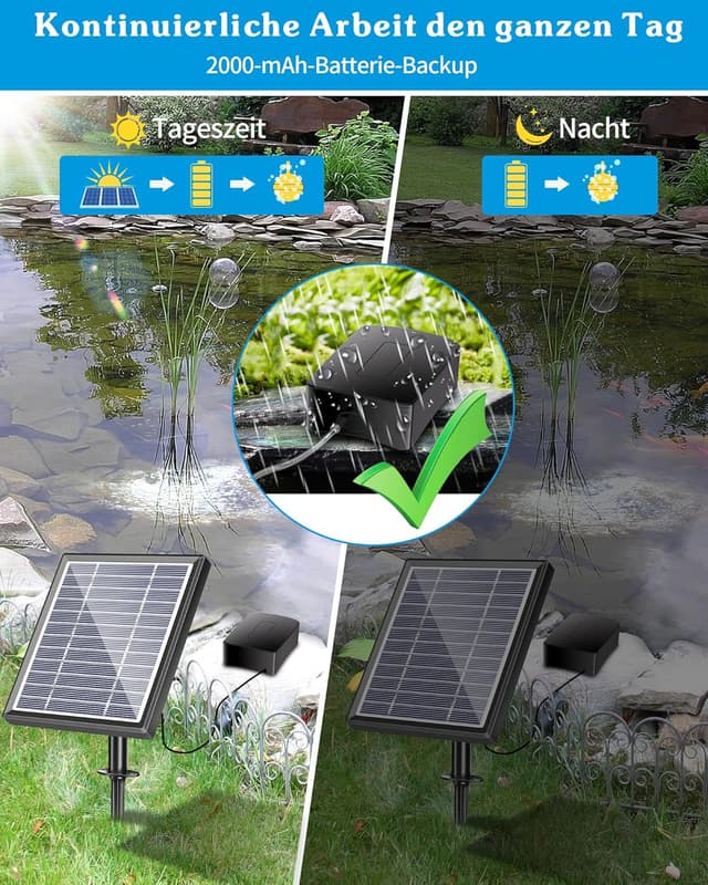 Detalle de Biling Solar Teichbelüfter mit Akku – 2,5 W Solarpumpe für Sauerstoff im Teich (3 Modi)