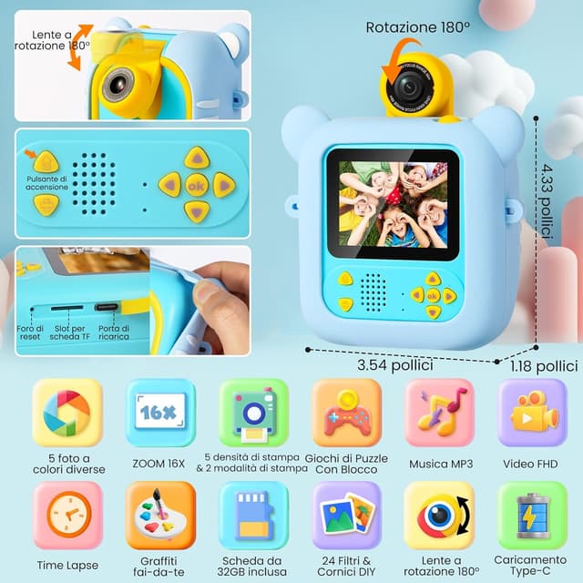 Detalle de ARNSSIEN Macchina Fotografica Bambini istantanea con 32GB, obiettivo 180° e 7 rotoli di carta