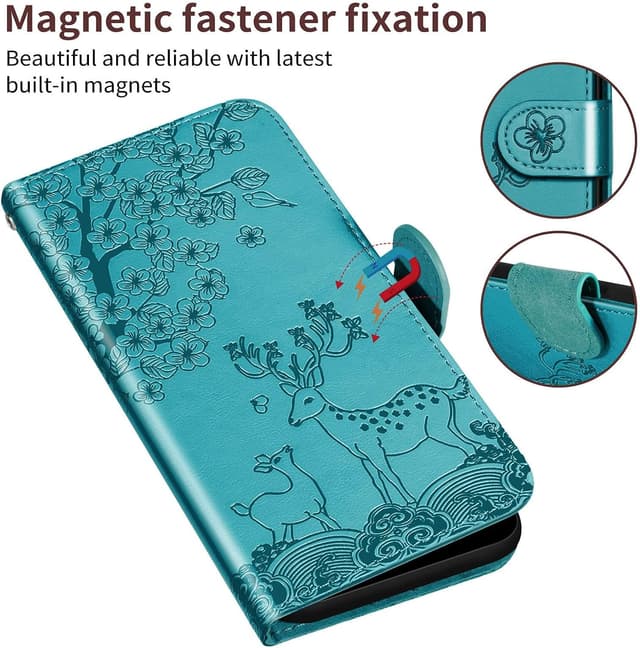 Detalle 2 de Nbziyoo Embossed Deer Floral Flip Wallet Case for iPhone 14 Plus (Blue)