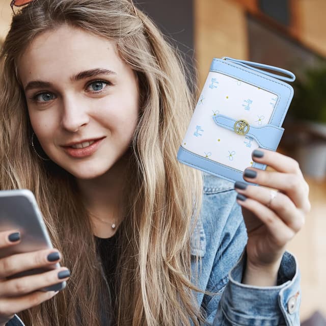 Detalle de Farcauo mini porte-monnaie pour femme à nœud bleu – format portefeuille compact