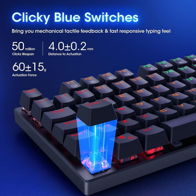 Detalle de RisoPhy Mechanical Gaming Keyboard, 104-Key Ultra-Slim RGB Blue Switch USB Wired