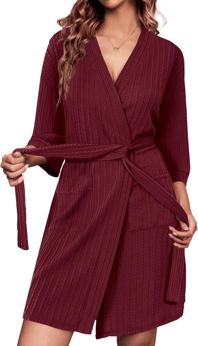 Thumbnail 6 de Ekouaer peignoir femme en maille côtelée torsadée, robe d’intérieur à manches 3/4 (longueur genou) S-XXL