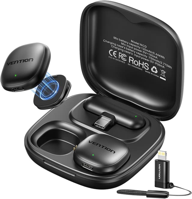 Detalle de Vention mini microfono wireless per iPhone 17/16/15 Pro Max e Android (USB-C, Bluetooth, lavalier) con custodia di ricarica 24 ore