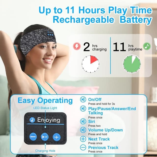 Detalle 2 de flintronic Bluetooth-Schlafstirnband mit HD-Stereo-Lautsprechern (Schlafkopfhörer) – kabellos & USB-aufladbar, Grau