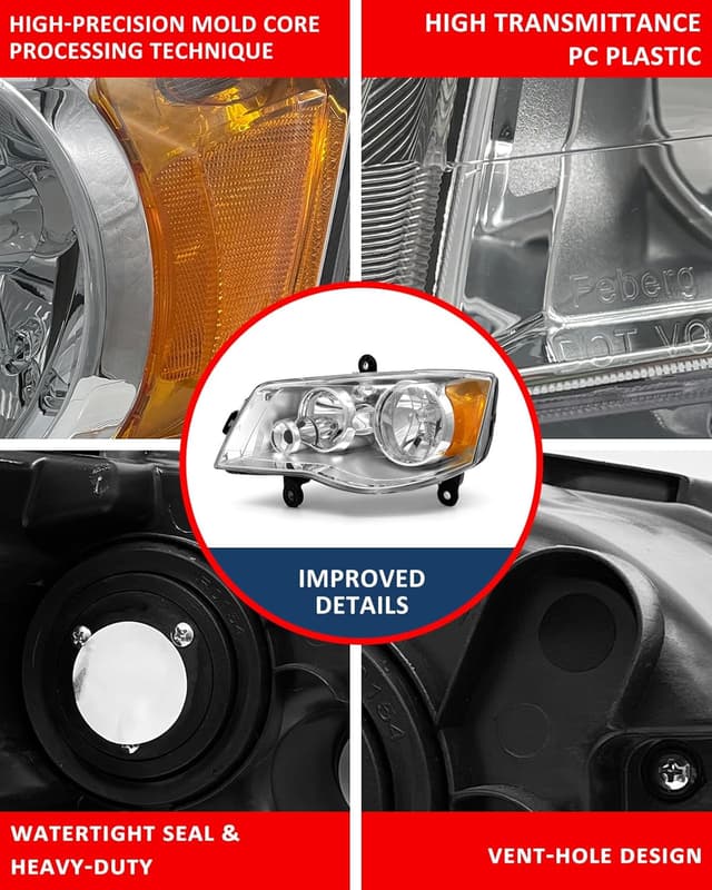 Detalle de ADCARLIGHTS OE-style Headlights for 2011–2018 Dodge Grand Caravan and 2008–2016 Chrysler Town & Country (Chrome Housing, Amber Reflector)
