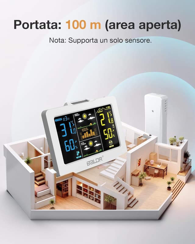 Detalle 2 de Stazione Meteo BALDR Bianca Senza Fili con Sensore Esterno e display a colori
