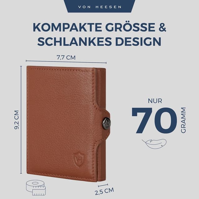 Detalle 1 de VON HEESEN Slim Wallet mit RFID-Schutz & Münzfach — Geldbörse Cognac-Braun