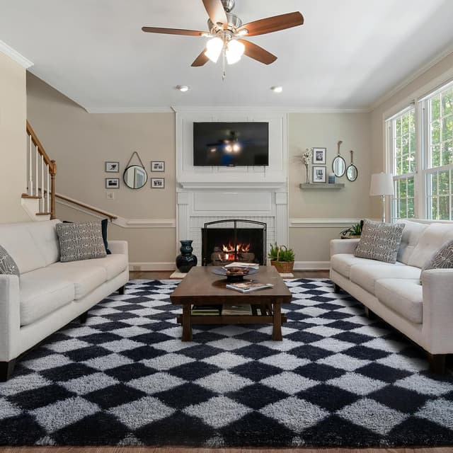 Detalle de FVVRAX Checkered Fluffy Rug 200x300cm (Black & Grey) – Plush low-shedding non-slip area rug