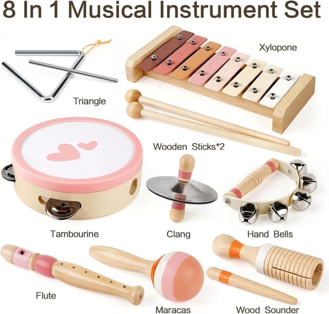 Detalle de Kids Musical Instruments 8-in-1 Xylophone & Wooden Music Set (maracas, drum, bells and more)