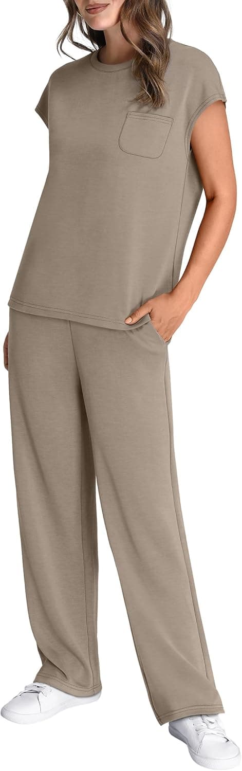 Detalle de WIHOLL 2-Piece Women’s Casual Summer Travel Lounge Set (Cap Sleeve Top + Wide-Leg Pants)