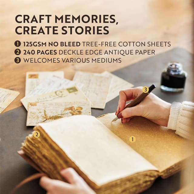 Detalle de moonster® Diario in Pelle Vintage Albero della Vita: 240 pagine bianche in carta di cotone, rilegato a mano