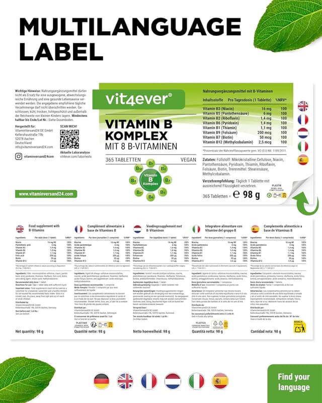 Detalle 2 de vit4ever Vitamin B Komplex mit 365 Tabletten (12-Monatsvorrat) – alle 8 B-Vitamine in einer veganen Tablette