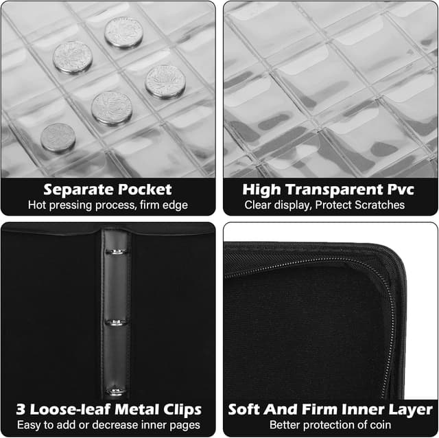 Detalle de KOMABLEN 480 Tasche Raccoglitore Monete con Cerniera, 16 Pagine 35x35 mm