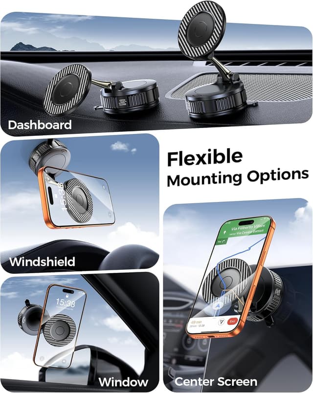 Detalle de Car Phone Holder for MagSafe (Carbon Fiber) — 108LBS Vacuum Suction Magnetic Mount with 360° Adjustment